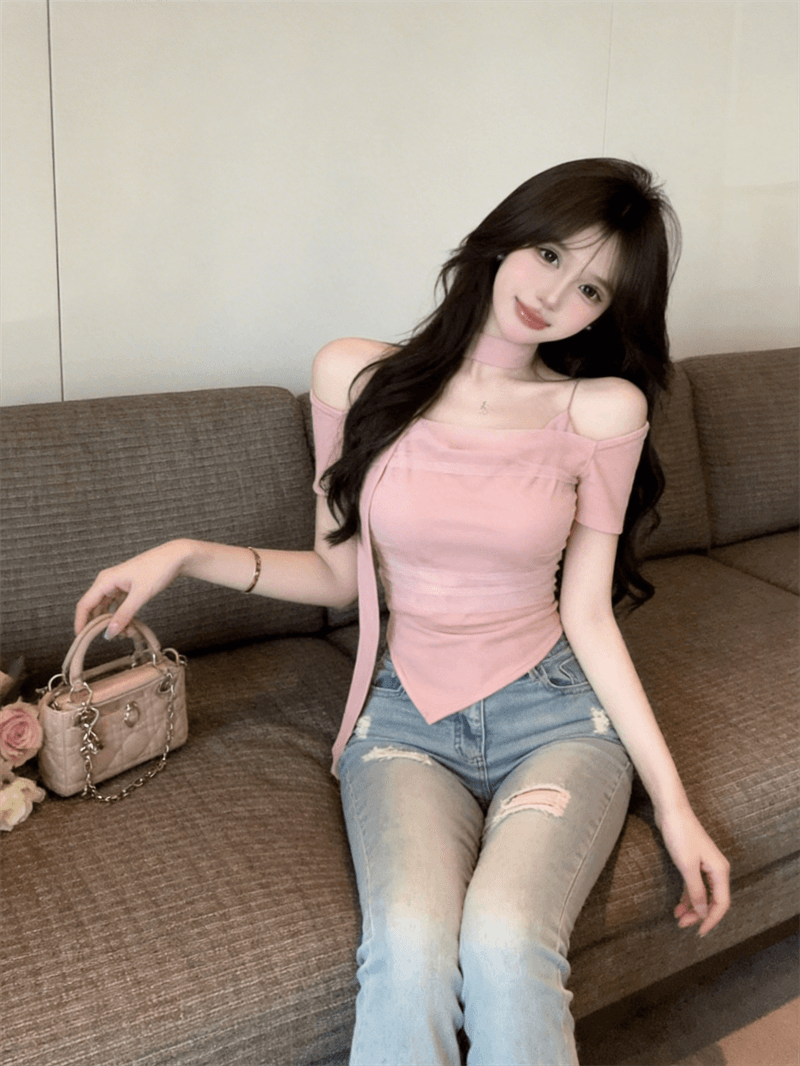 2026 슈퍼 화재 연령 감소 맨위 디자인 센스 오프숄더 불규칙 망사 패치워크 다용도 몸매 가꾸기 반팔 티셔츠 여름 상세 이미지 1