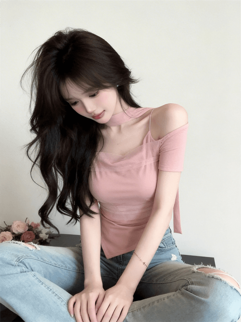 2026 슈퍼 화재 연령 감소 맨위 디자인 센스 오프숄더 불규칙 망사 패치워크 다용도 몸매 가꾸기 반팔 티셔츠 여름 상세 이미지 4
