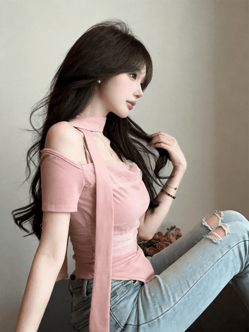 2026 슈퍼 화재 연령 감소 맨위 디자인 센스 오프숄더 불규칙 망사 패치워크 다용도 몸매 가꾸기 반팔 티셔츠 여름 상세 이미지 6