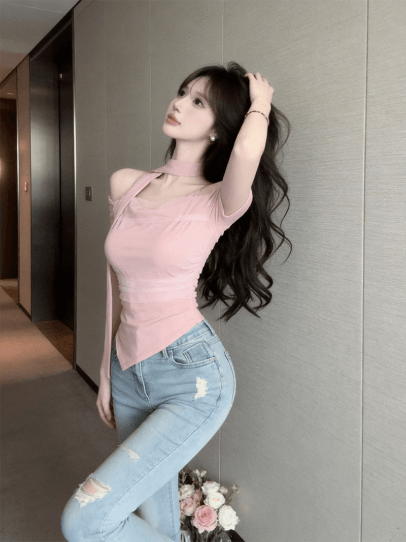2026 슈퍼 화재 연령 감소 맨위 디자인 센스 오프숄더 불규칙 망사 패치워크 다용도 몸매 가꾸기 반팔 티셔츠 여름 상세 이미지 7