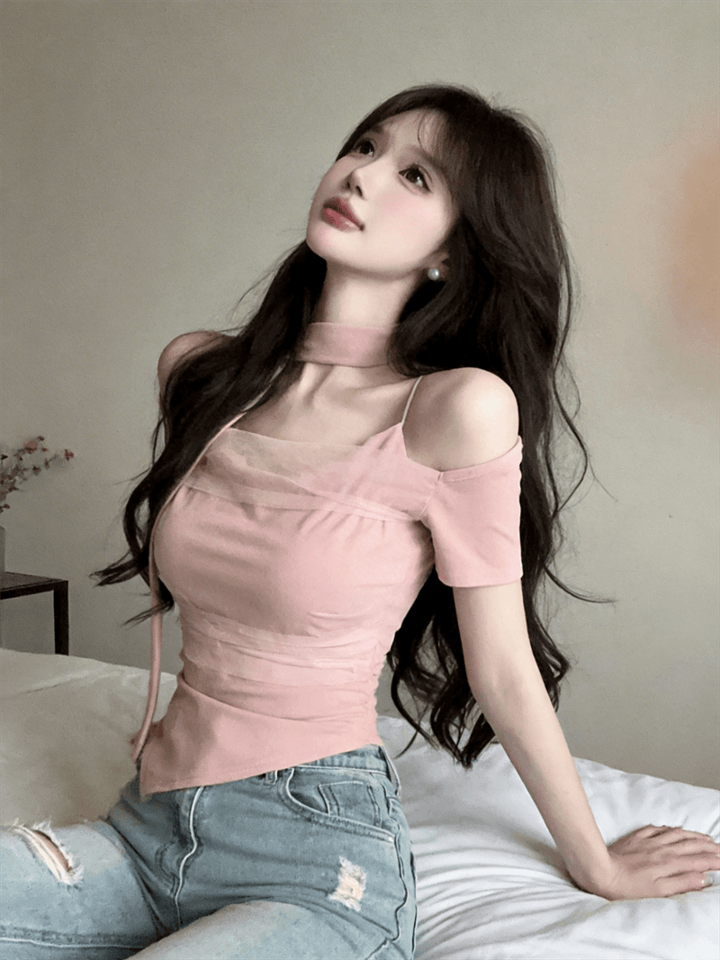 2026 슈퍼 화재 연령 감소 맨위 디자인 센스 오프숄더 불규칙 망사 패치워크 다용도 몸매 가꾸기 반팔 티셔츠 여름 상세 이미지 10