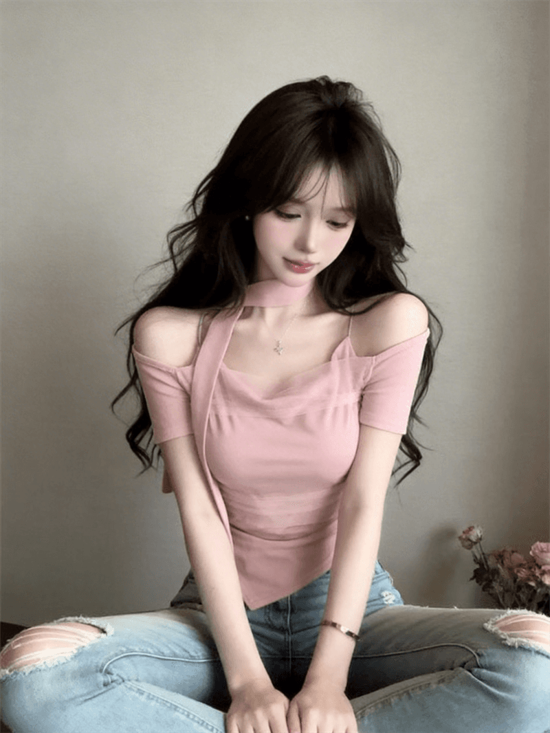 2026 슈퍼 화재 연령 감소 맨위 디자인 센스 오프숄더 불규칙 망사 패치워크 다용도 몸매 가꾸기 반팔 티셔츠 여름 상세 이미지 13