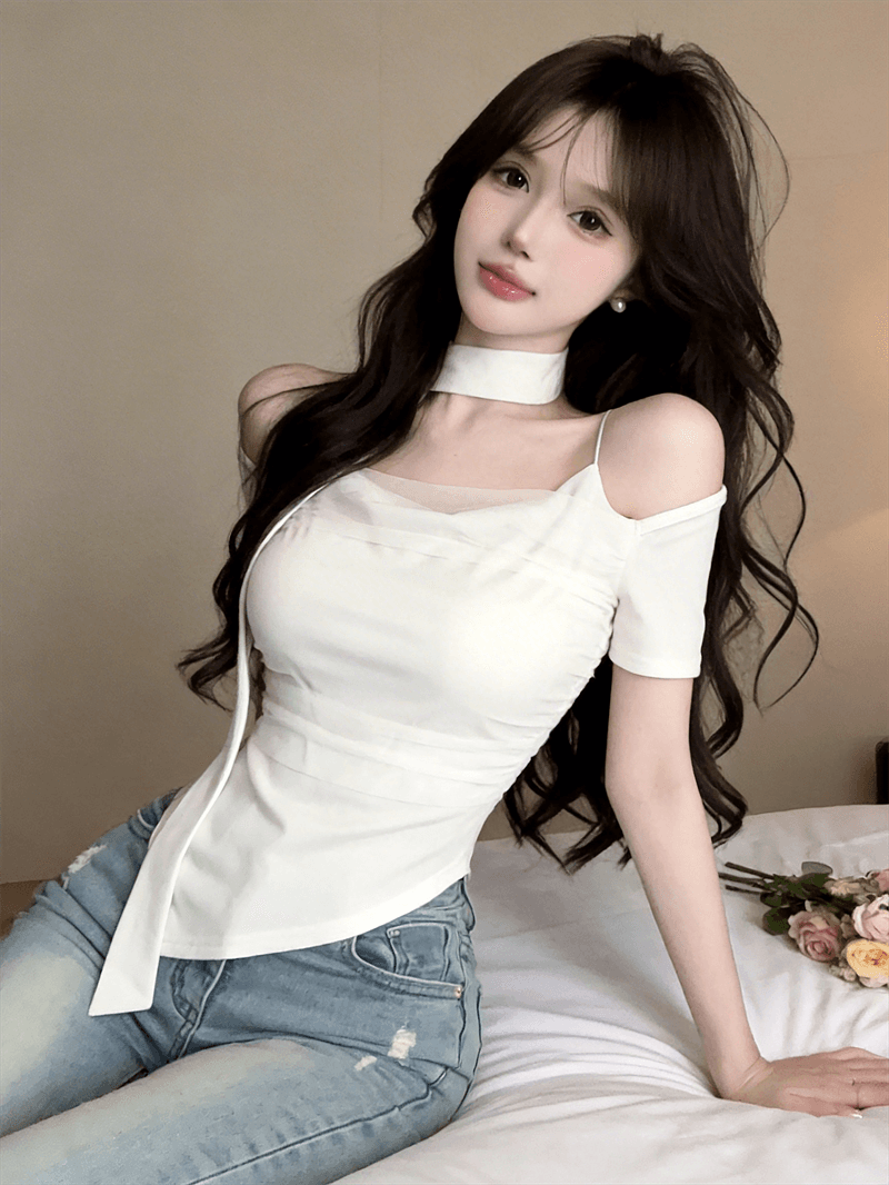 2026 슈퍼 화재 연령 감소 맨위 디자인 센스 오프숄더 불규칙 망사 패치워크 다용도 몸매 가꾸기 반팔 티셔츠 여름 상세 이미지 21