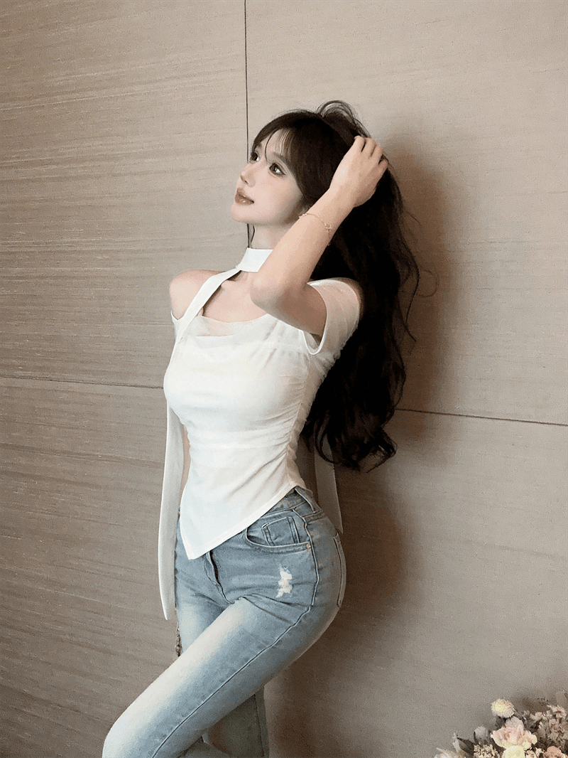 2026 슈퍼 화재 연령 감소 맨위 디자인 센스 오프숄더 불규칙 망사 패치워크 다용도 몸매 가꾸기 반팔 티셔츠 여름 상세 이미지 25