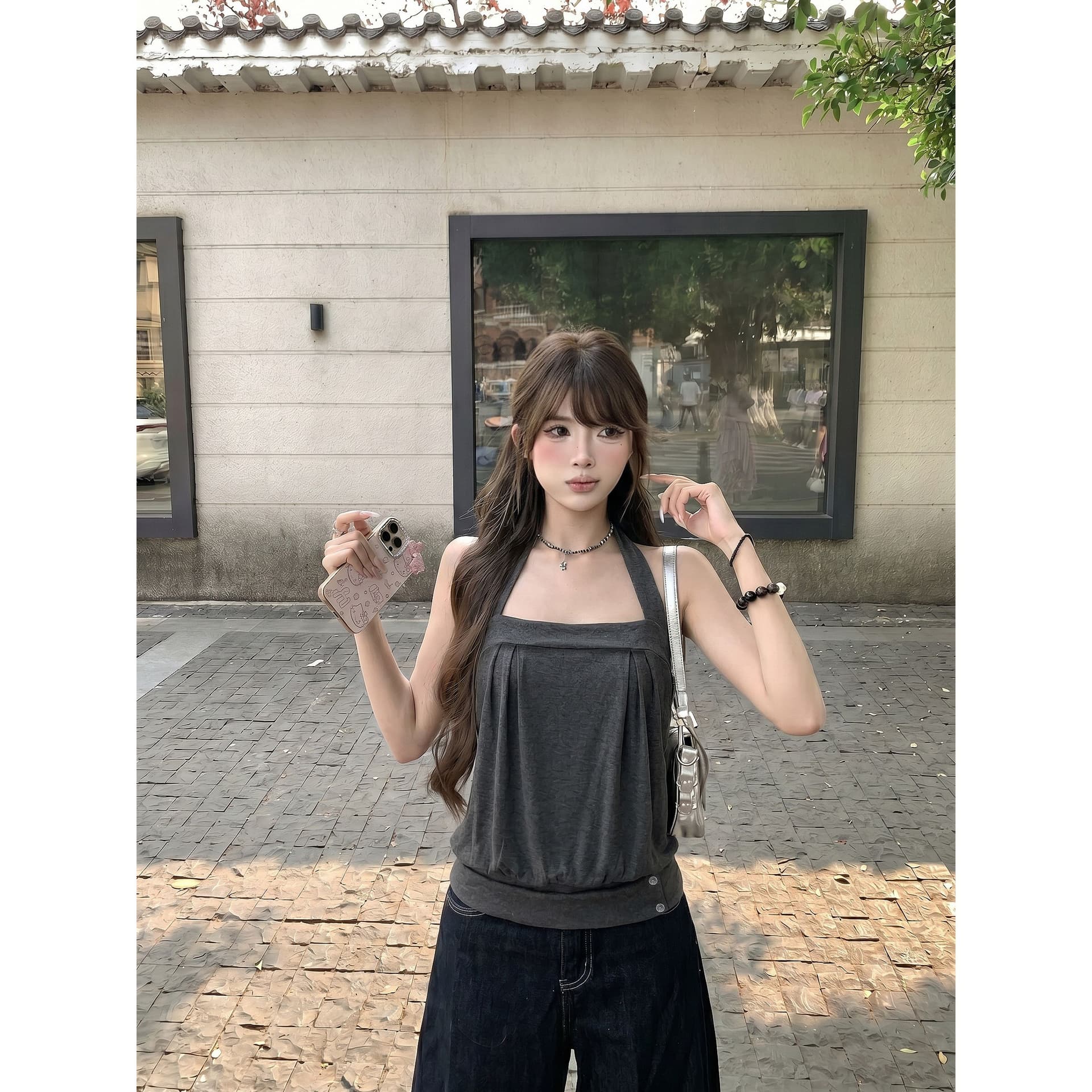 kumikumi 순수한 욕망 바람 어두운 회색 행침 목 조끼 여성 의류 여름 새로운 연령 감소 다용도 민소매 맨위 이미지 5