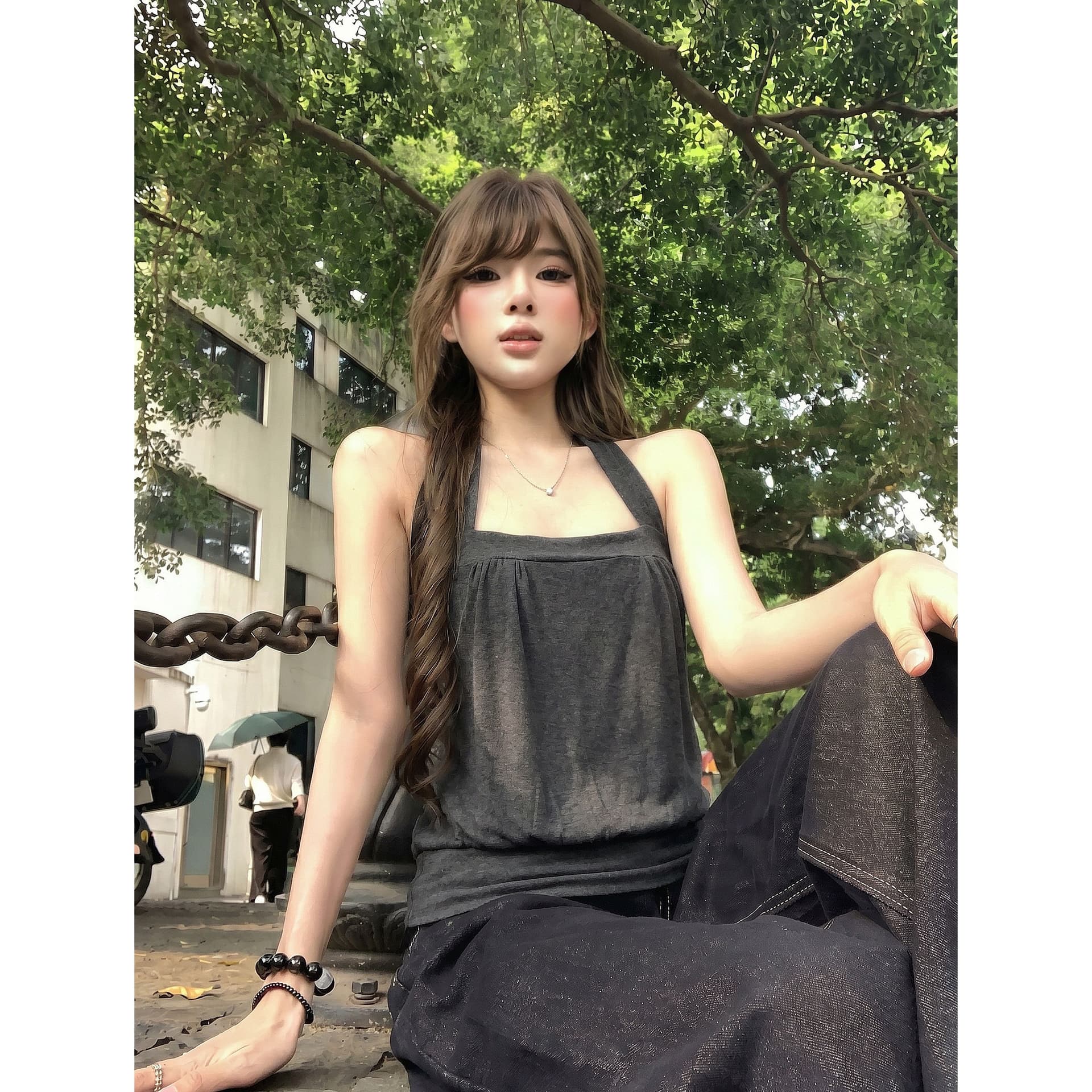 kumikumi 순수한 욕망 바람 어두운 회색 행침 목 조끼 여성 의류 여름 새로운 연령 감소 다용도 민소매 맨위 이미지 2