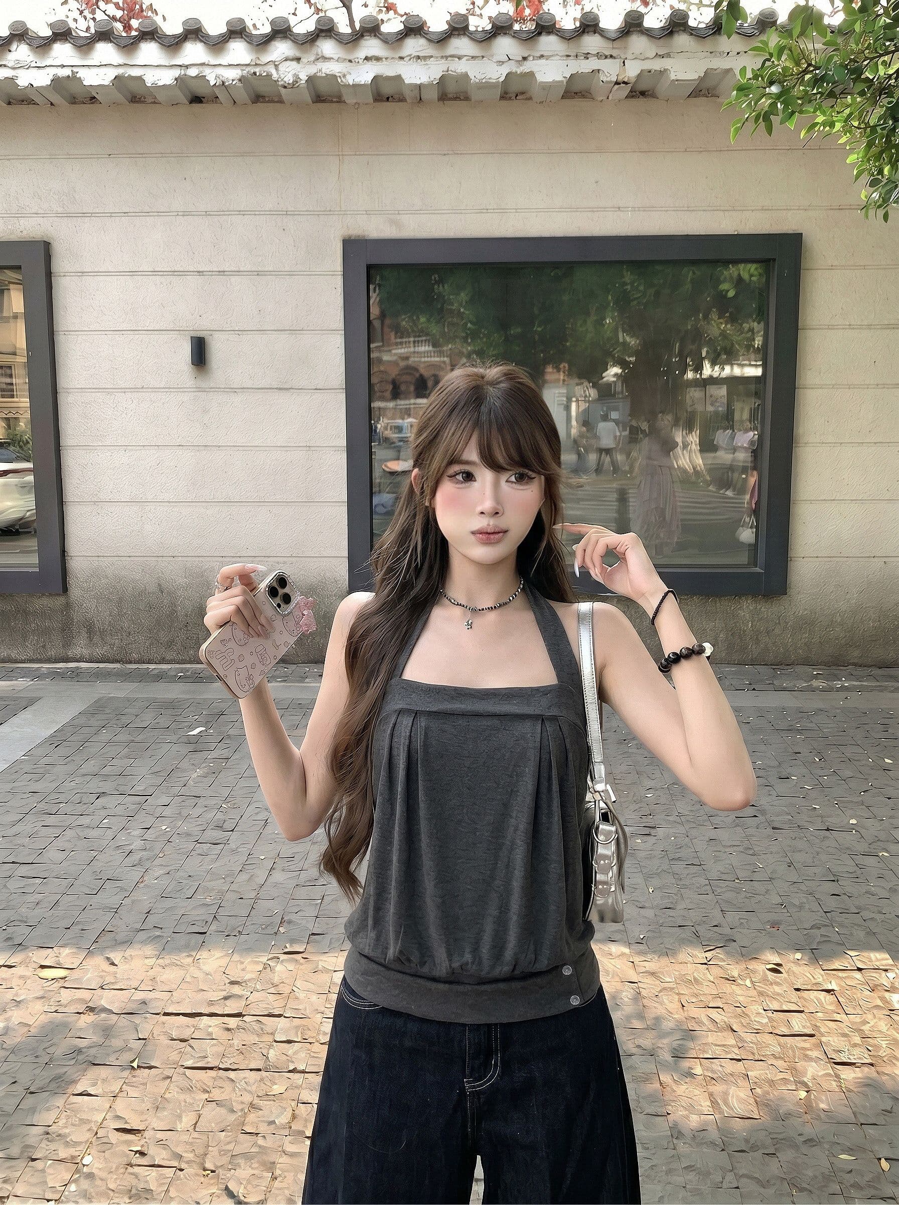 kumikumi 순수한 욕망 바람 어두운 회색 행침 목 조끼 여성 의류 여름 새로운 연령 감소 다용도 민소매 맨위 상세 이미지 2
