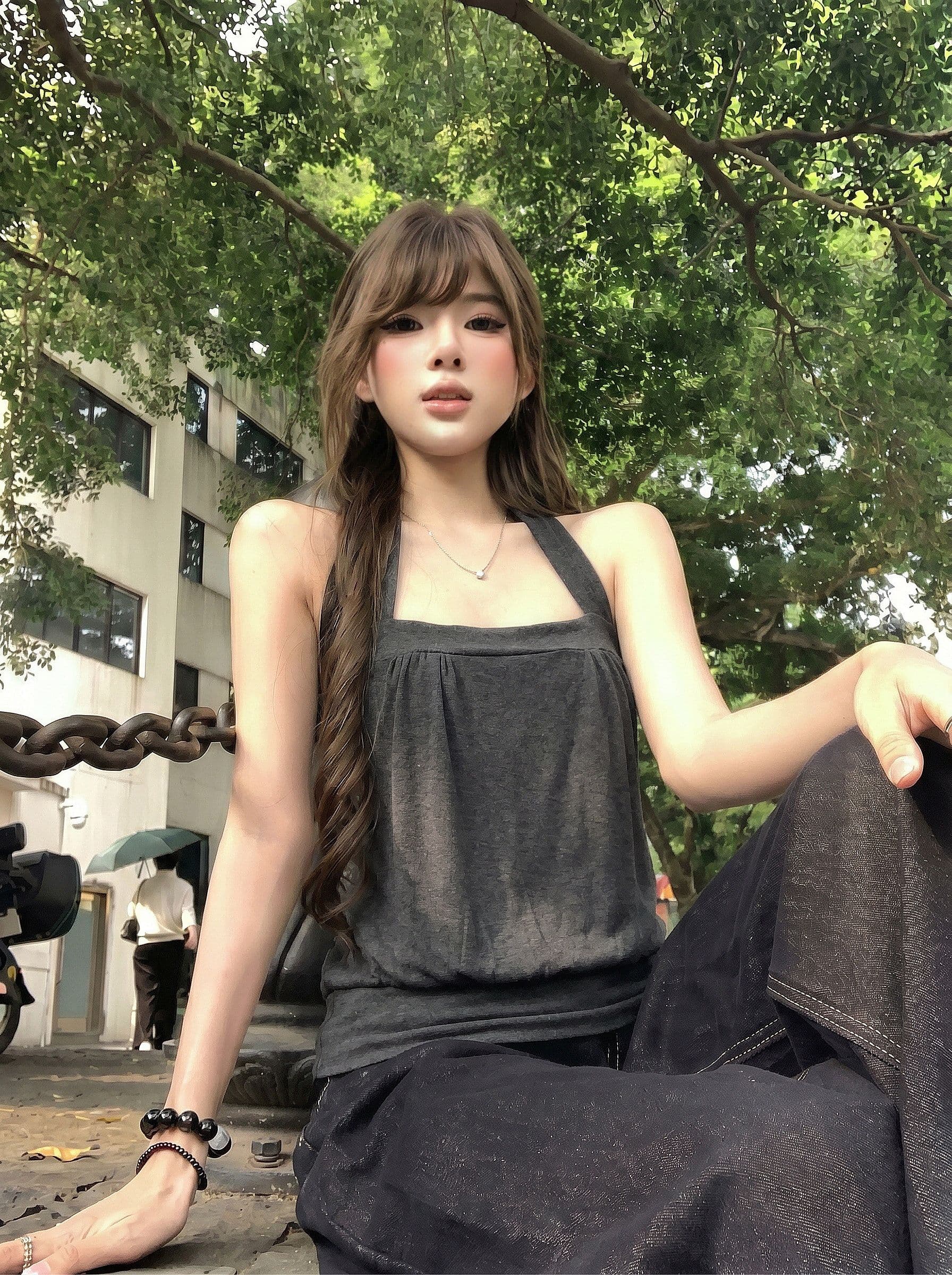 kumikumi 순수한 욕망 바람 어두운 회색 행침 목 조끼 여성 의류 여름 새로운 연령 감소 다용도 민소매 맨위 상세 이미지 3
