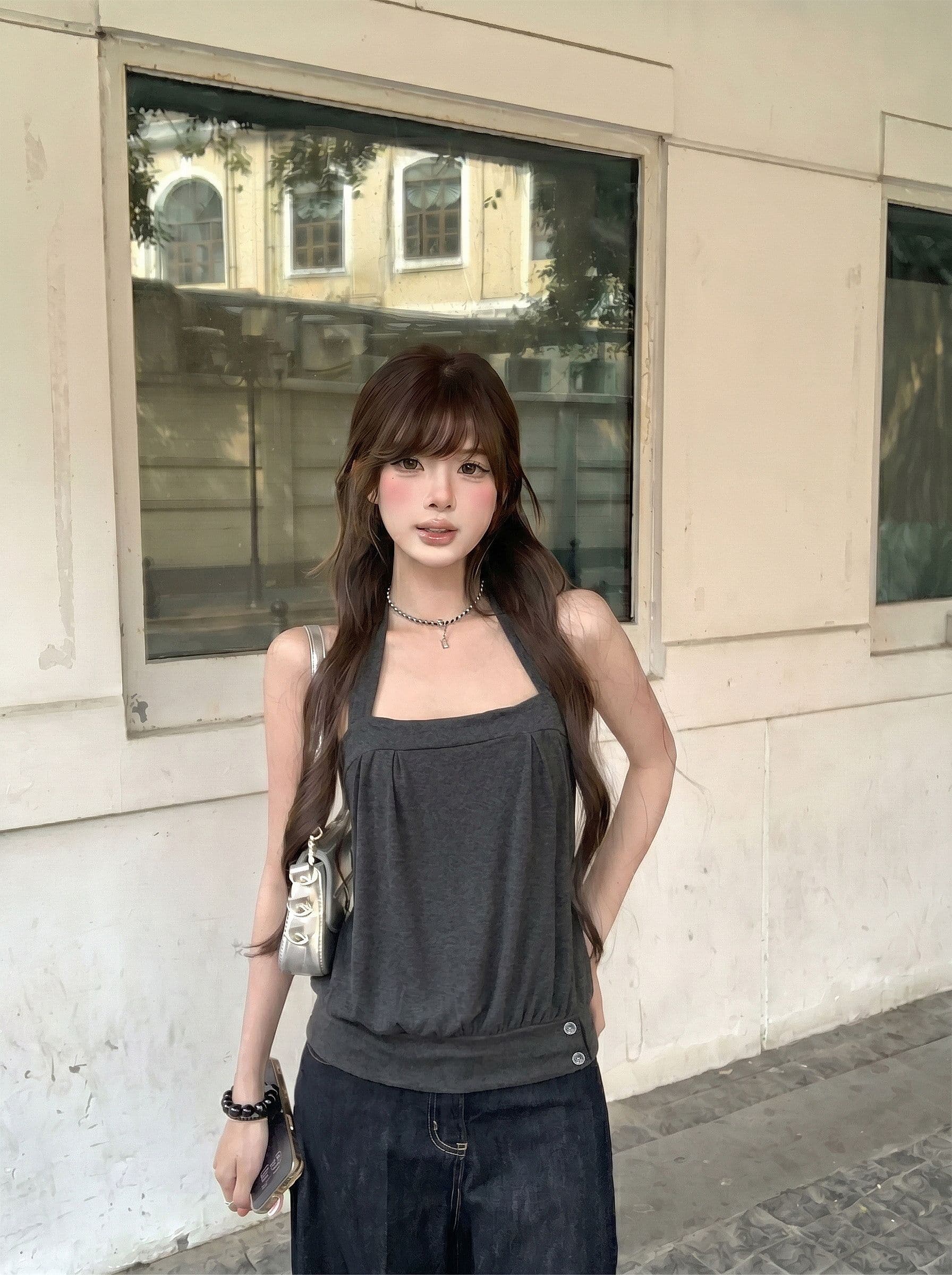 kumikumi 순수한 욕망 바람 어두운 회색 행침 목 조끼 여성 의류 여름 새로운 연령 감소 다용도 민소매 맨위 상세 이미지 4