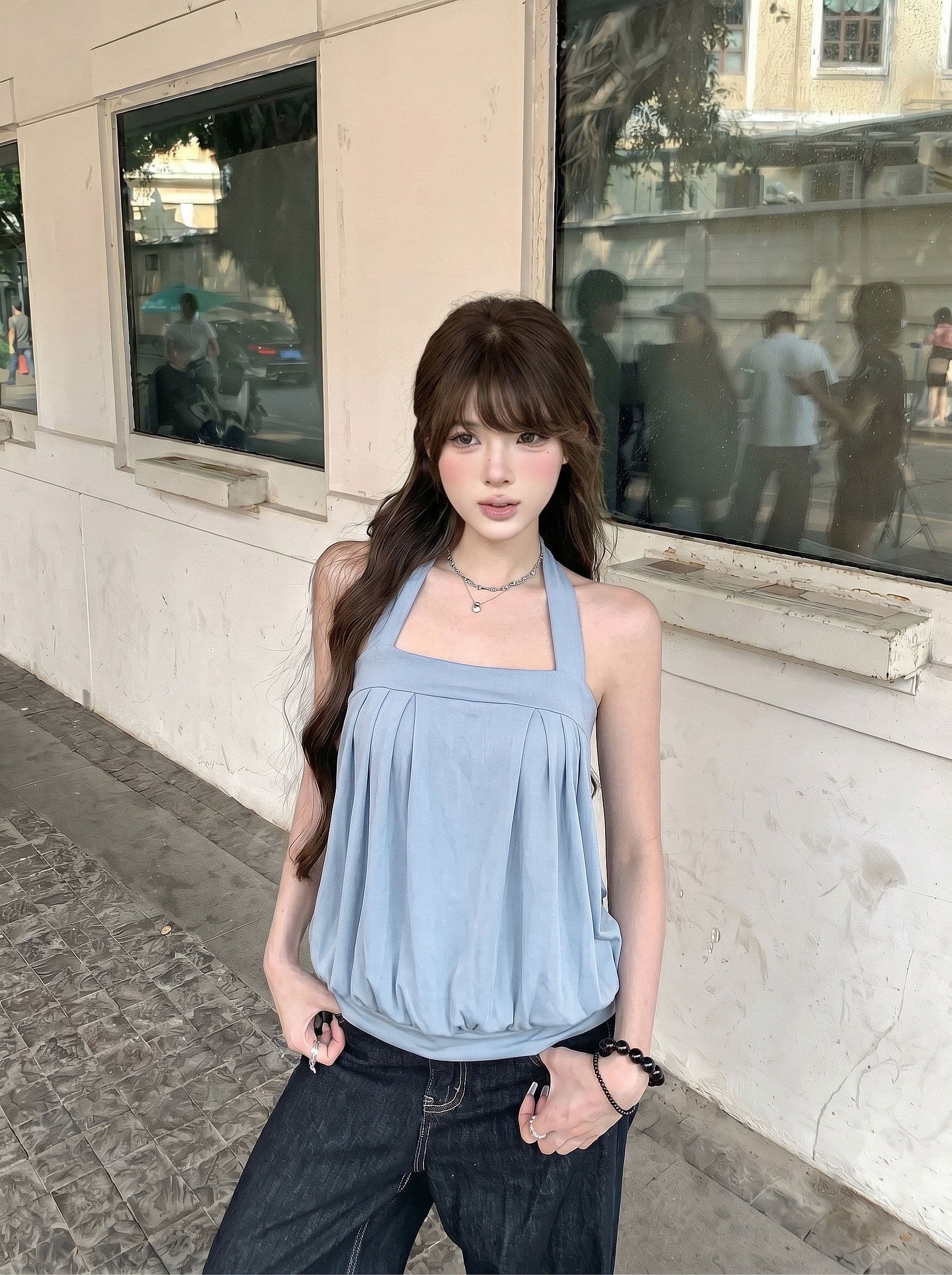 kumikumi 순수한 욕망 바람 어두운 회색 행침 목 조끼 여성 의류 여름 새로운 연령 감소 다용도 민소매 맨위 상세 이미지 5