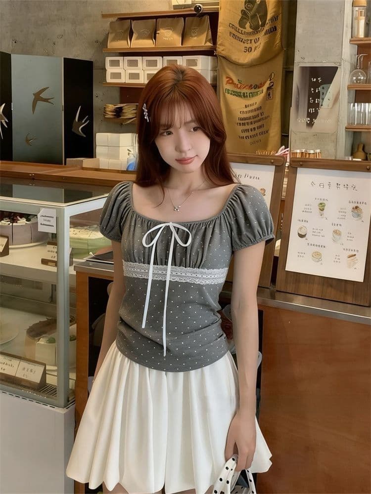40 차가운 실크 코튼 디지털 프랑스식 레트로 도트 무늬 스트랩 레이스 조각 반팔 티셔츠 여성 새로운 맨위 상세 이미지 4