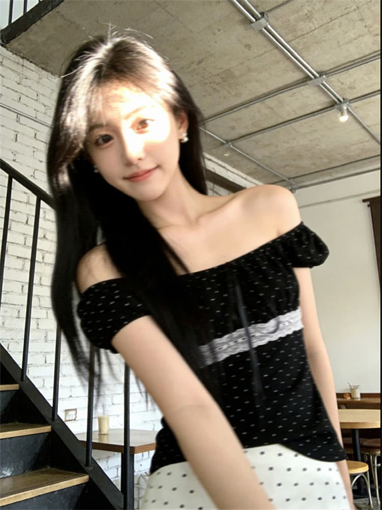 40 차가운 실크 코튼 디지털 프랑스식 레트로 도트 무늬 스트랩 레이스 조각 반팔 티셔츠 여성 새로운 맨위 상세 이미지 7