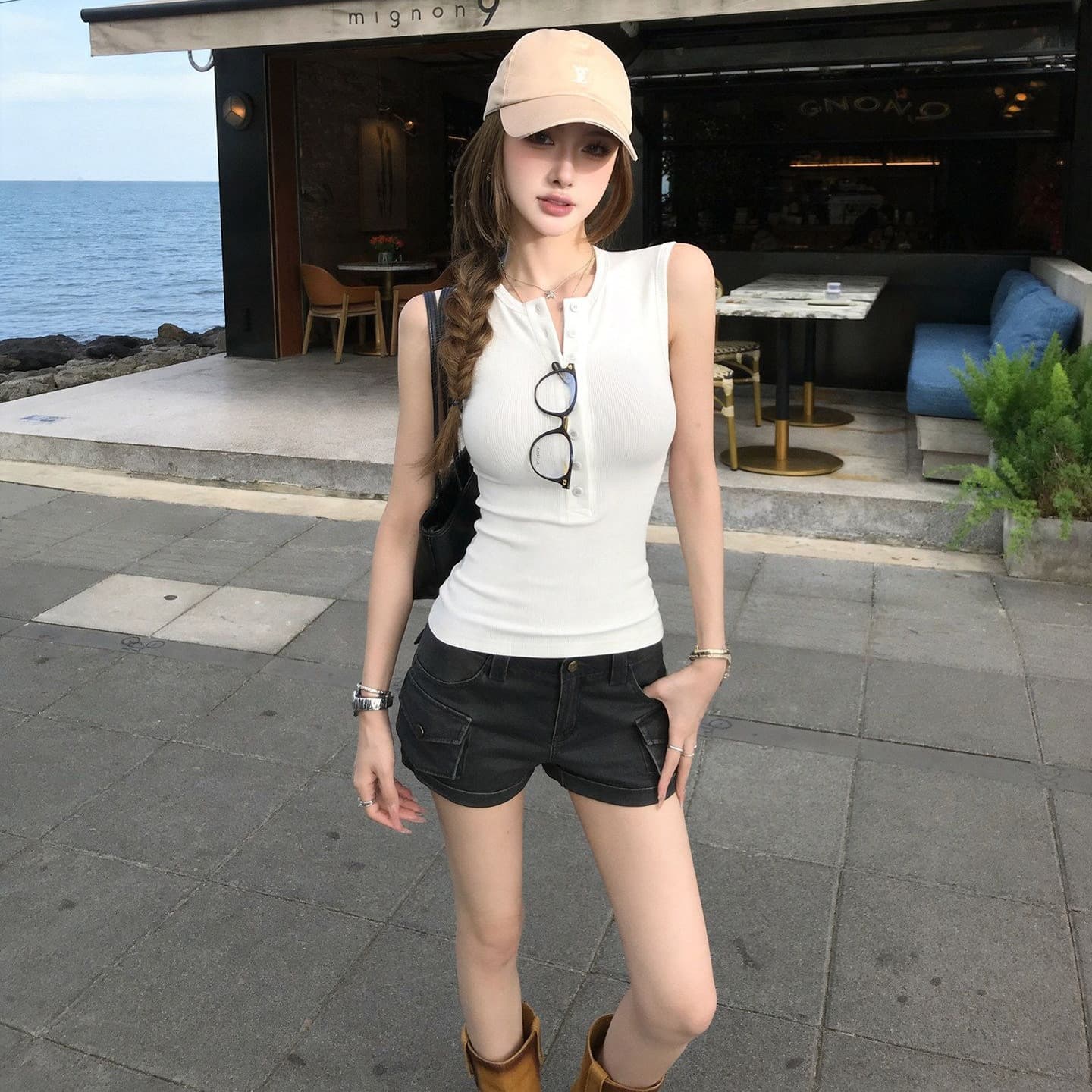 260 그램 사람들 면 한국 스타일 패션 핫걸 헨리 칼라 민소매 조끼 여성 여름 디자인 센스 몸매 가꾸기 슬림해 보이는 맨위 이미지 5