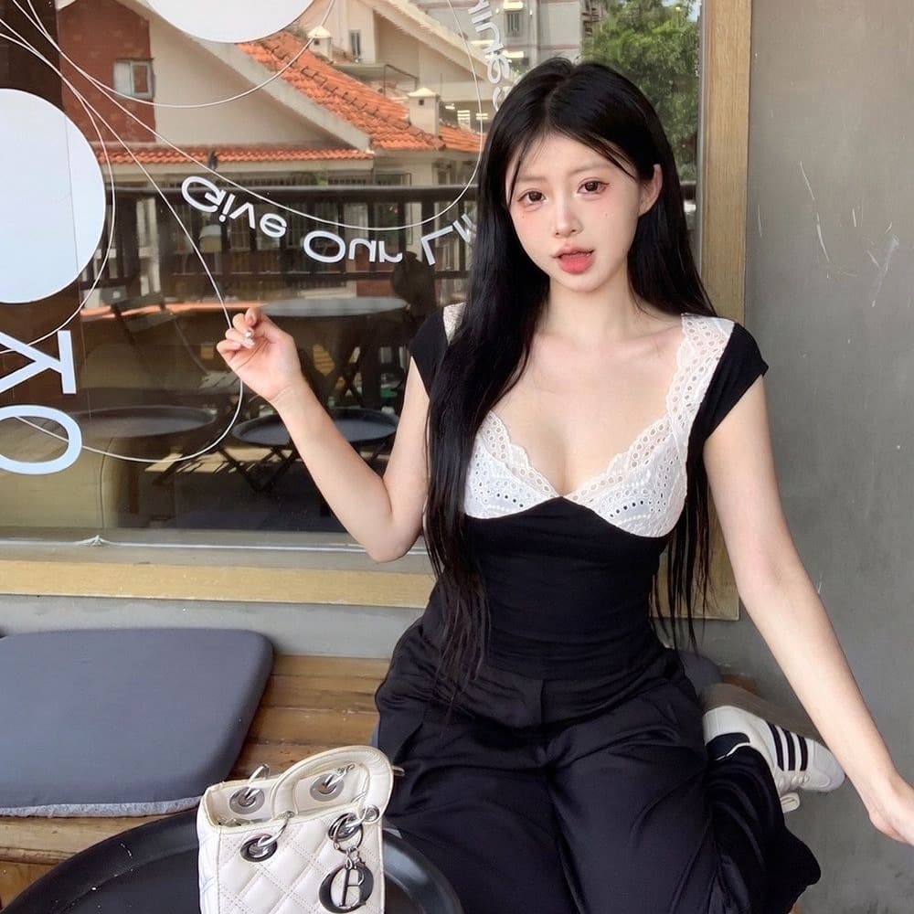 260 그램 사람들 면 배색 레이스 조각 V넥 반팔 티셔츠 여성 여름 디자인 센스 몸매 가꾸기 슬림해 보이는 순수한 욕망 맨위 이미지 5