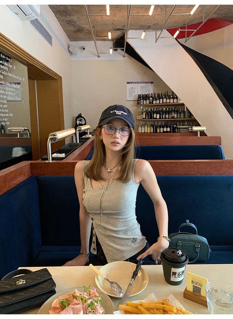tongiiuu vtg 행성 디자인 센스 비스듬한 칼라 비대칭 트임 단추 조끼 여성 민소매 맨위 여름 상세 이미지 2