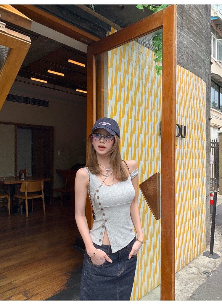 tongiiuu vtg 행성 디자인 센스 비스듬한 칼라 비대칭 트임 단추 조끼 여성 민소매 맨위 여름 상세 이미지 7