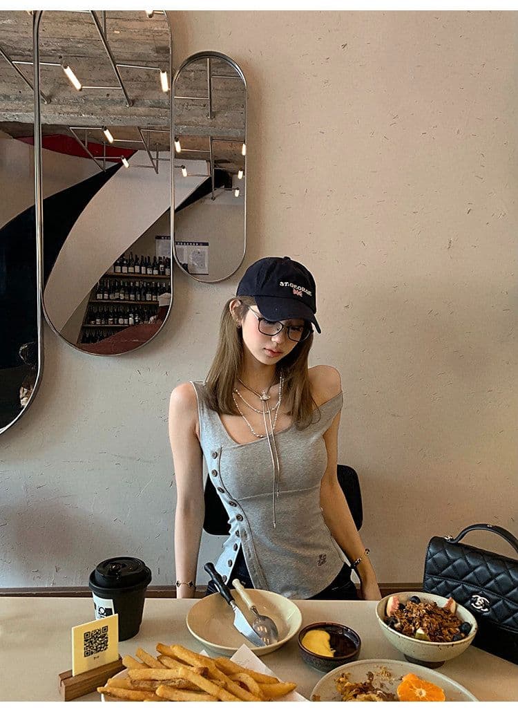 tongiiuu vtg 행성 디자인 센스 비스듬한 칼라 비대칭 트임 단추 조끼 여성 민소매 맨위 여름 상세 이미지 9