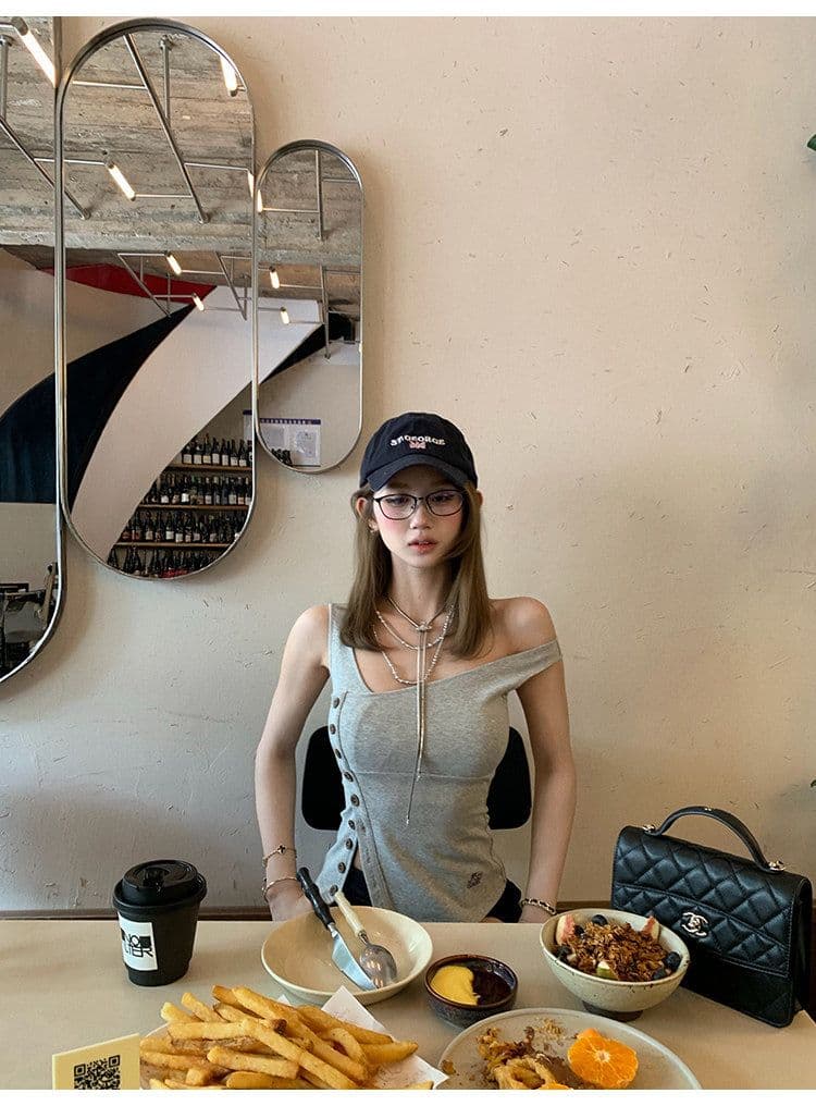 tongiiuu vtg 행성 디자인 센스 비스듬한 칼라 비대칭 트임 단추 조끼 여성 민소매 맨위 여름 상세 이미지 10