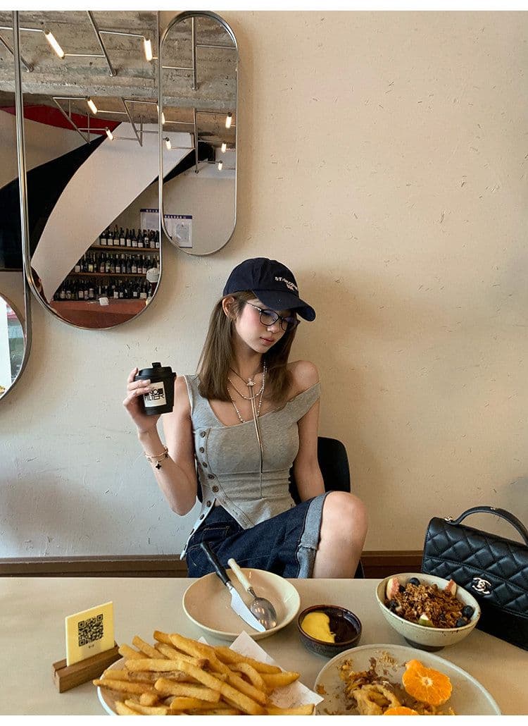 tongiiuu vtg 행성 디자인 센스 비스듬한 칼라 비대칭 트임 단추 조끼 여성 민소매 맨위 여름 상세 이미지 14