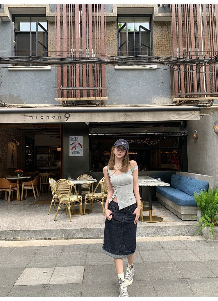 tongiiuu vtg 행성 디자인 센스 비스듬한 칼라 비대칭 트임 단추 조끼 여성 민소매 맨위 여름 상세 이미지 15