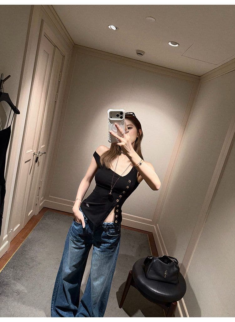 tongiiuu vtg 행성 디자인 센스 비스듬한 칼라 비대칭 트임 단추 조끼 여성 민소매 맨위 여름 상세 이미지 22