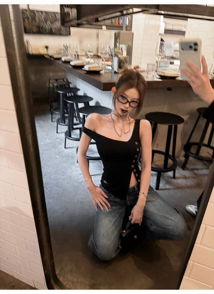tongiiuu vtg 행성 디자인 센스 비스듬한 칼라 비대칭 트임 단추 조끼 여성 민소매 맨위 여름 상세 이미지 24