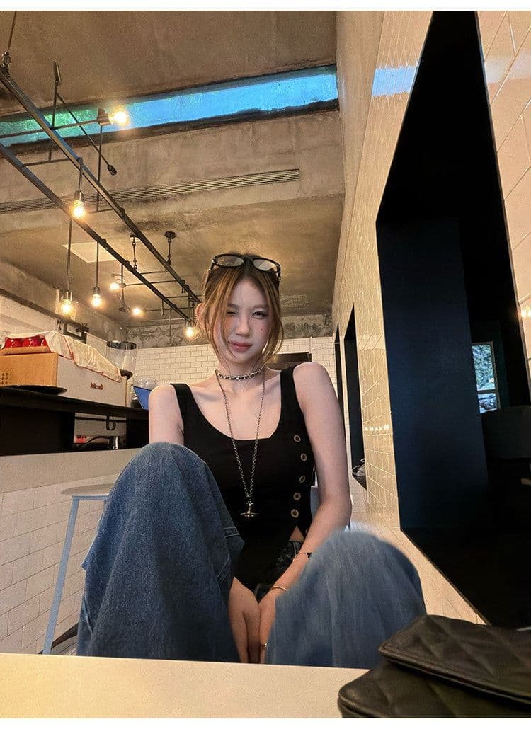 tongiiuu vtg 행성 디자인 센스 비스듬한 칼라 비대칭 트임 단추 조끼 여성 민소매 맨위 여름 상세 이미지 25