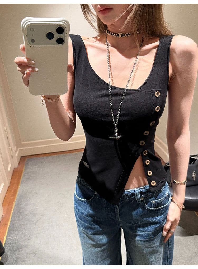 tongiiuu vtg 행성 디자인 센스 비스듬한 칼라 비대칭 트임 단추 조끼 여성 민소매 맨위 여름 상세 이미지 26