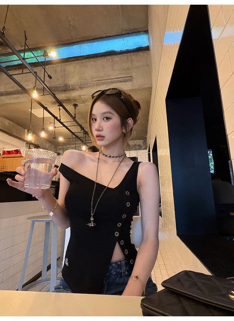 tongiiuu vtg 행성 디자인 센스 비스듬한 칼라 비대칭 트임 단추 조끼 여성 민소매 맨위 여름 상세 이미지 27