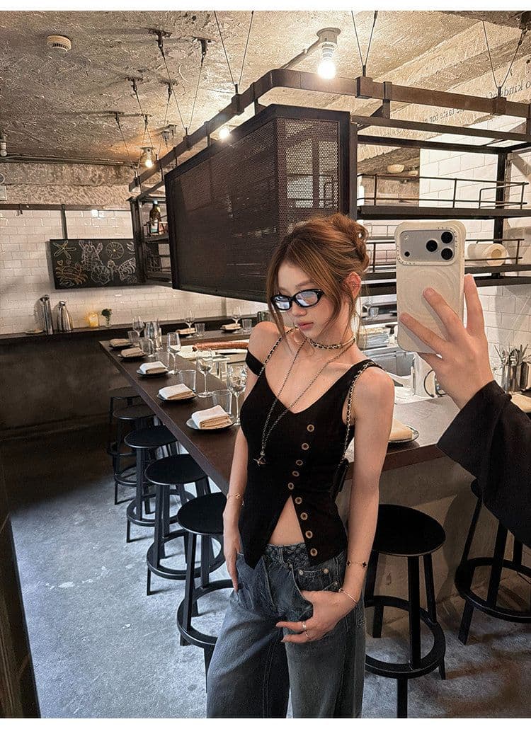 tongiiuu vtg 행성 디자인 센스 비스듬한 칼라 비대칭 트임 단추 조끼 여성 민소매 맨위 여름 상세 이미지 29
