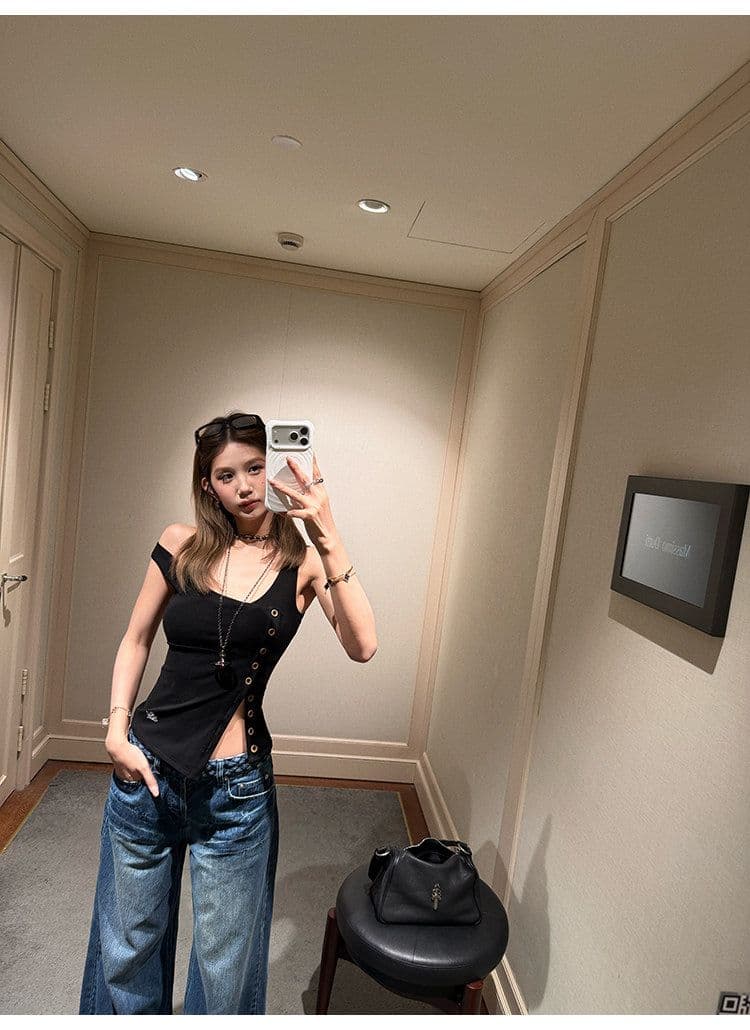 tongiiuu vtg 행성 디자인 센스 비스듬한 칼라 비대칭 트임 단추 조끼 여성 민소매 맨위 여름 상세 이미지 30