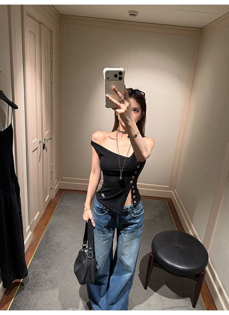 tongiiuu vtg 행성 디자인 센스 비스듬한 칼라 비대칭 트임 단추 조끼 여성 민소매 맨위 여름 상세 이미지 31