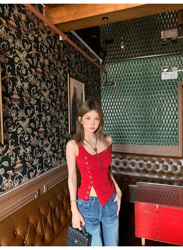 tongiiuu vtg 행성 디자인 센스 비스듬한 칼라 비대칭 트임 단추 조끼 여성 민소매 맨위 여름 상세 이미지 33