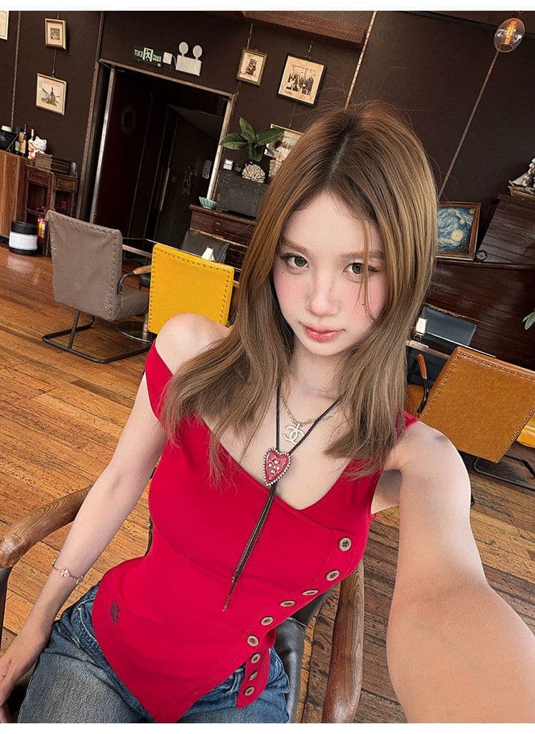 tongiiuu vtg 행성 디자인 센스 비스듬한 칼라 비대칭 트임 단추 조끼 여성 민소매 맨위 여름 상세 이미지 34