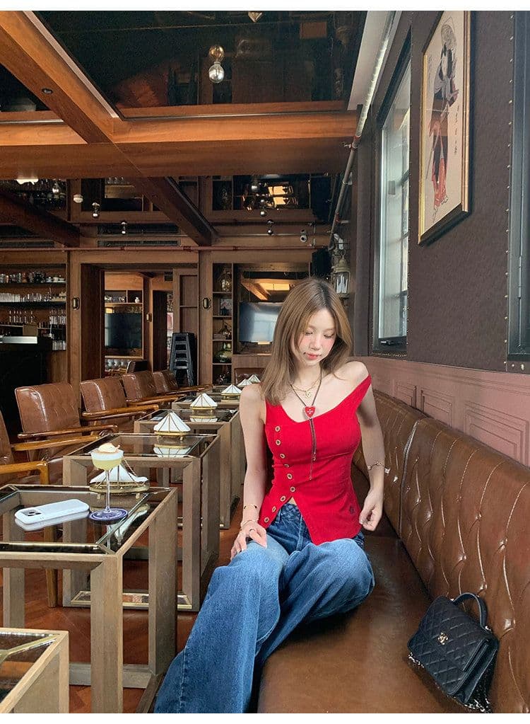 tongiiuu vtg 행성 디자인 센스 비스듬한 칼라 비대칭 트임 단추 조끼 여성 민소매 맨위 여름 상세 이미지 39