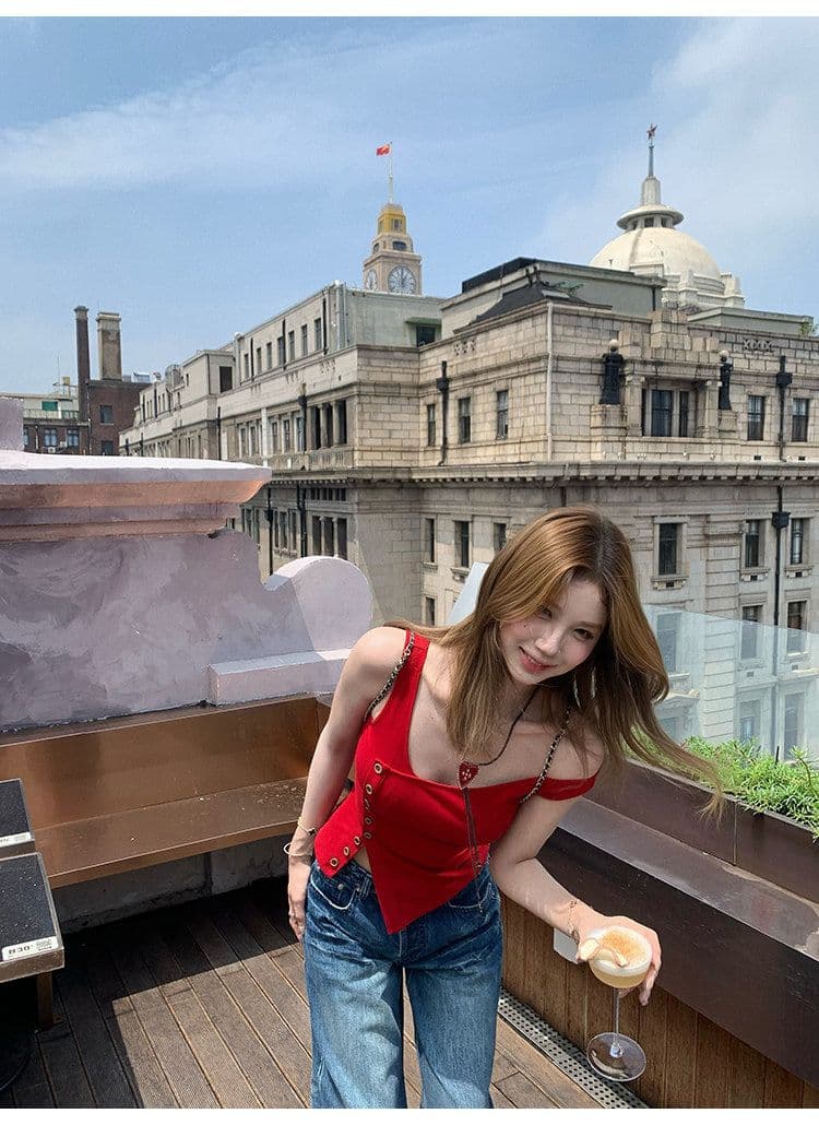 tongiiuu vtg 행성 디자인 센스 비스듬한 칼라 비대칭 트임 단추 조끼 여성 민소매 맨위 여름 상세 이미지 40