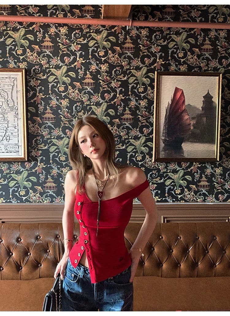 tongiiuu vtg 행성 디자인 센스 비스듬한 칼라 비대칭 트임 단추 조끼 여성 민소매 맨위 여름 상세 이미지 41