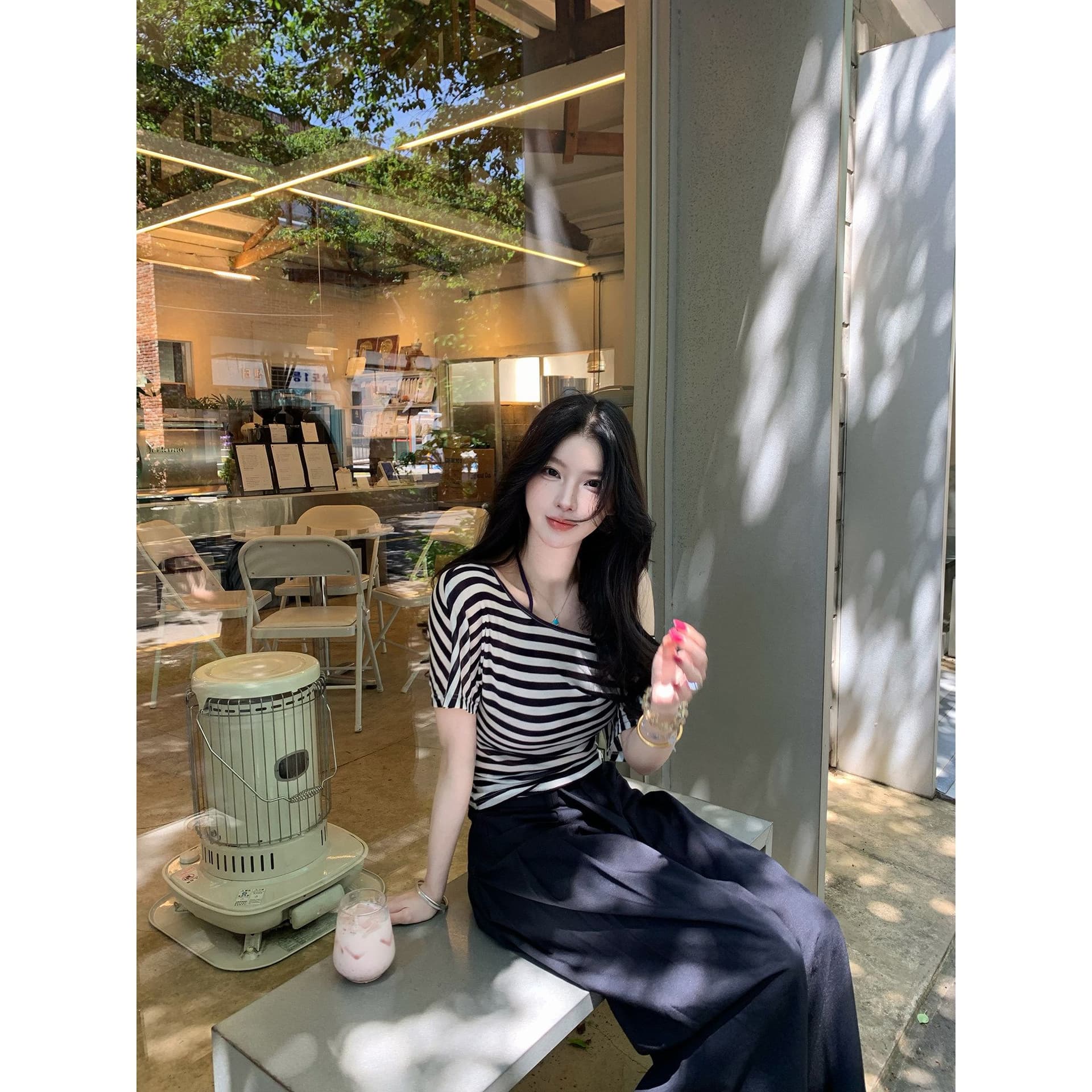 fart shop 정어리 통조림 식품 수 있습니다. 비스듬한 어깨 라운드 넥 백리스 허리 수축 티셔츠 여성 봄 여름 스트라이프 맨위 이미지 5