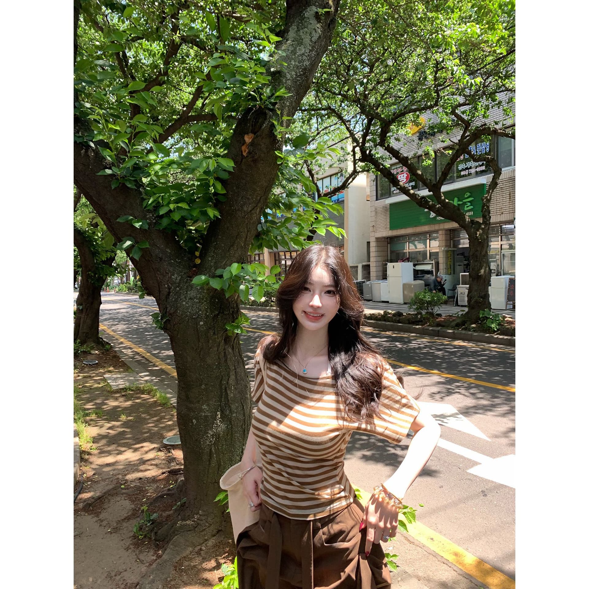 fart shop 정어리 통조림 식품 수 있습니다. 비스듬한 어깨 라운드 넥 백리스 허리 수축 티셔츠 여성 봄 여름 스트라이프 맨위 이미지 2