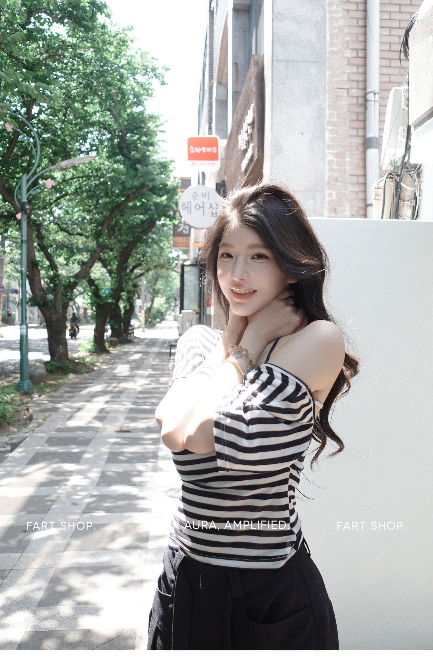 fart shop 정어리 통조림 식품 수 있습니다. 비스듬한 어깨 라운드 넥 백리스 허리 수축 티셔츠 여성 봄 여름 스트라이프 맨위 상세 이미지 5