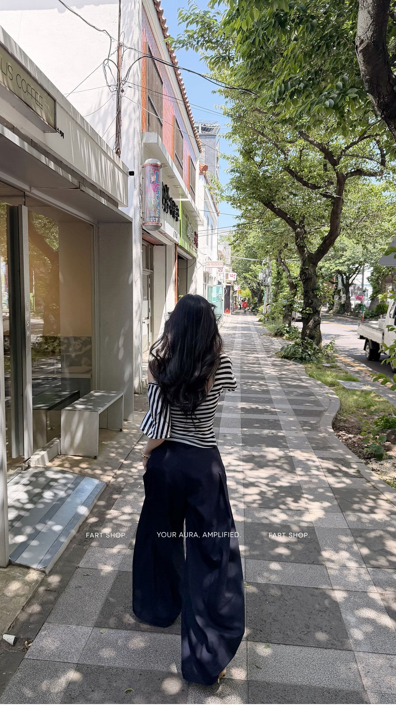 fart shop 정어리 통조림 식품 수 있습니다. 비스듬한 어깨 라운드 넥 백리스 허리 수축 티셔츠 여성 봄 여름 스트라이프 맨위 상세 이미지 8