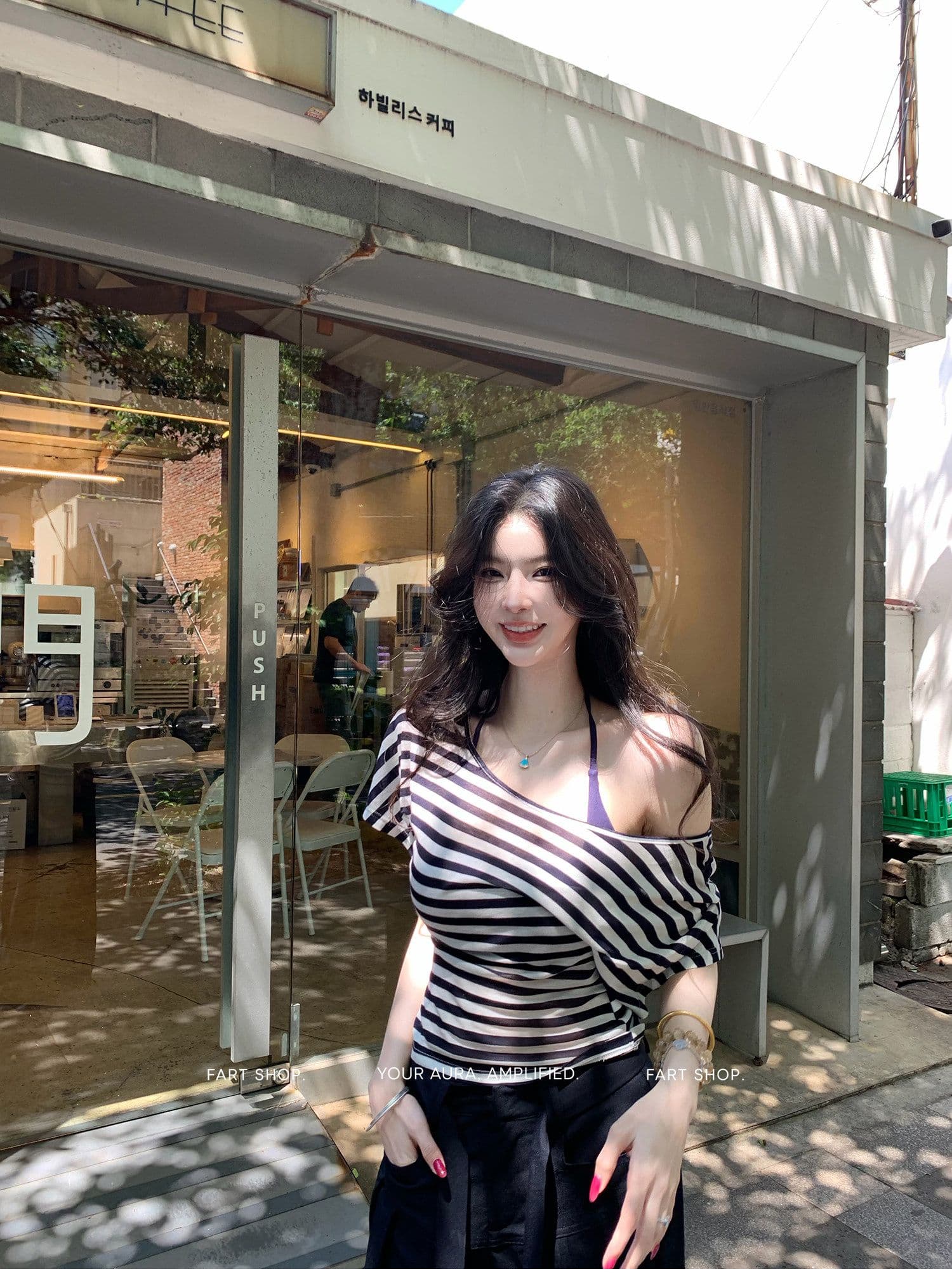 fart shop 정어리 통조림 식품 수 있습니다. 비스듬한 어깨 라운드 넥 백리스 허리 수축 티셔츠 여성 봄 여름 스트라이프 맨위 상세 이미지 12
