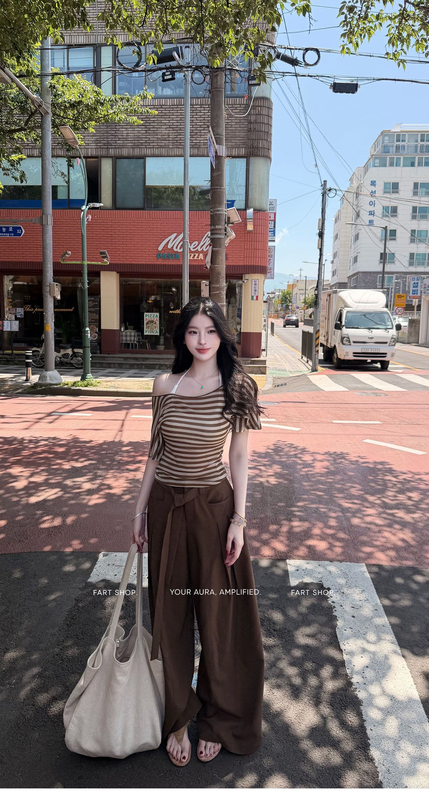 fart shop 정어리 통조림 식품 수 있습니다. 비스듬한 어깨 라운드 넥 백리스 허리 수축 티셔츠 여성 봄 여름 스트라이프 맨위 상세 이미지 14