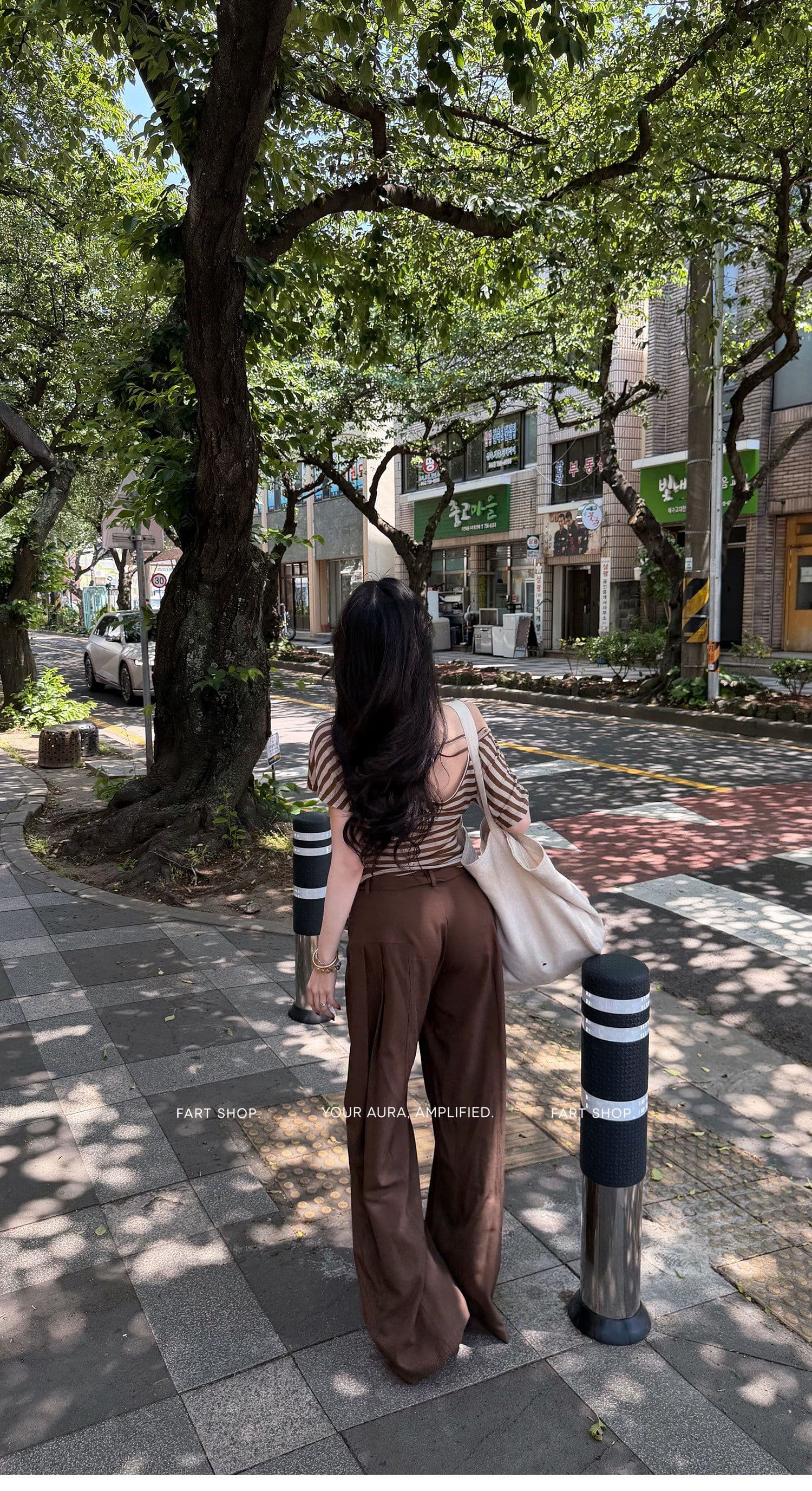 fart shop 정어리 통조림 식품 수 있습니다. 비스듬한 어깨 라운드 넥 백리스 허리 수축 티셔츠 여성 봄 여름 스트라이프 맨위 상세 이미지 15