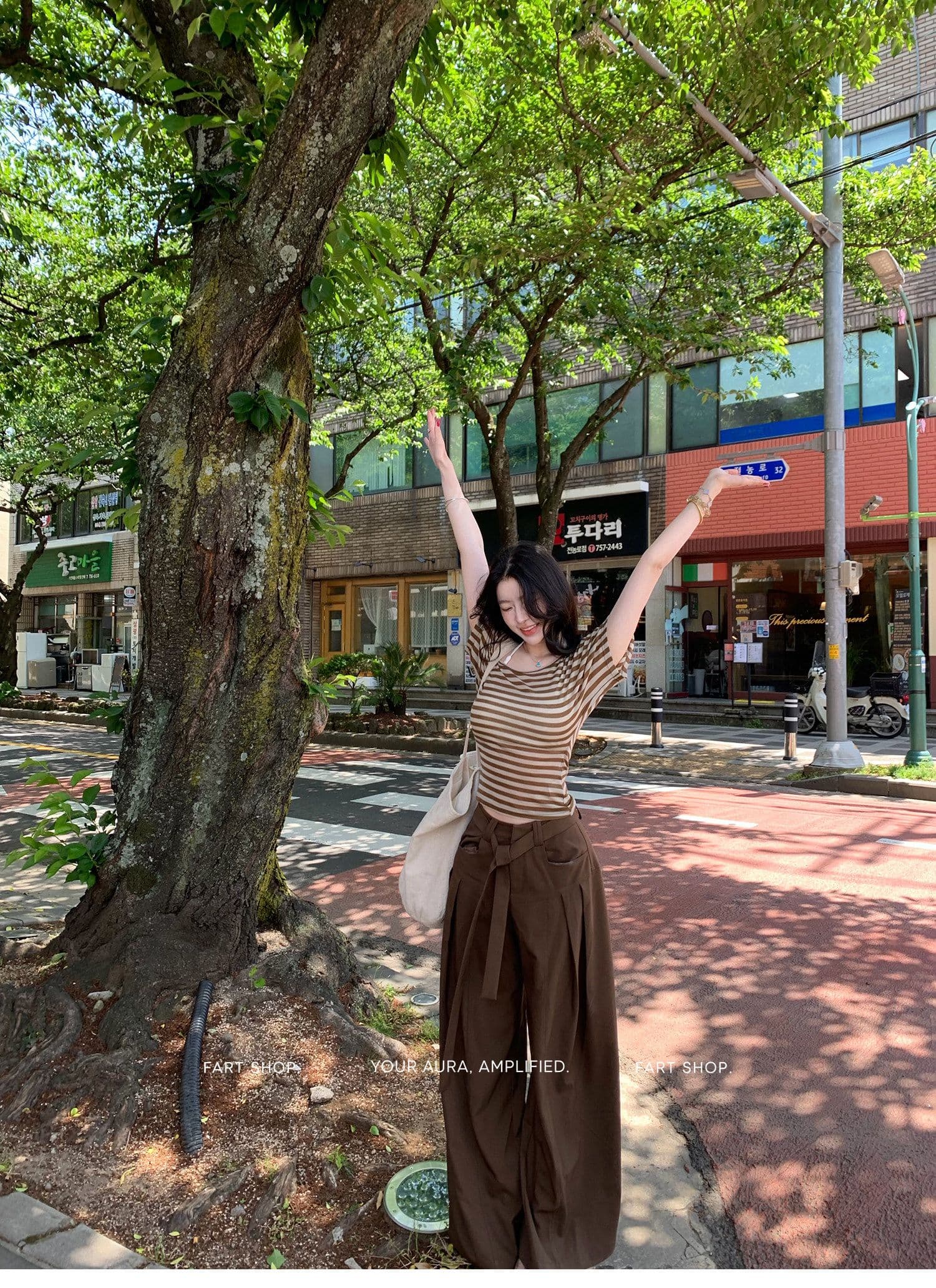 fart shop 정어리 통조림 식품 수 있습니다. 비스듬한 어깨 라운드 넥 백리스 허리 수축 티셔츠 여성 봄 여름 스트라이프 맨위 상세 이미지 16