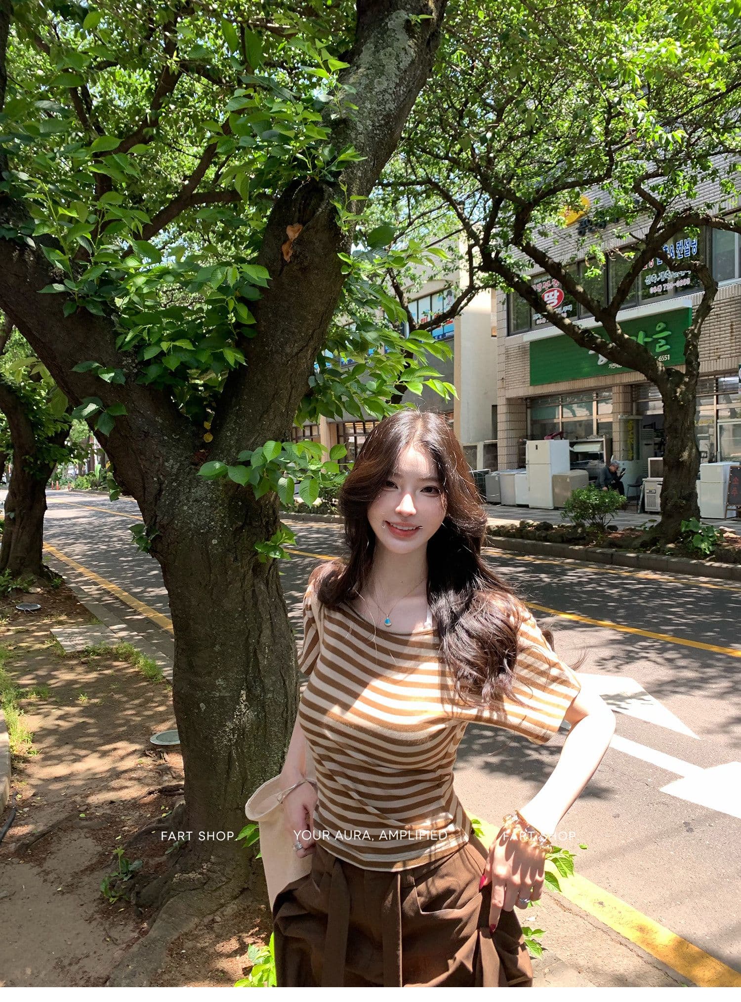 fart shop 정어리 통조림 식품 수 있습니다. 비스듬한 어깨 라운드 넥 백리스 허리 수축 티셔츠 여성 봄 여름 스트라이프 맨위 상세 이미지 17