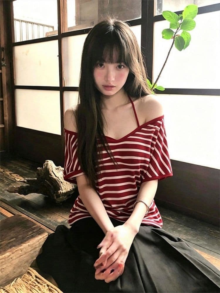 경관 그림 주간 실크 컬러 짜임 기사 와 사고 방식 스트라이프 비스듬한 어깨 반팔 여성 여름 캐미솔 투피스 세트 상세 이미지 3