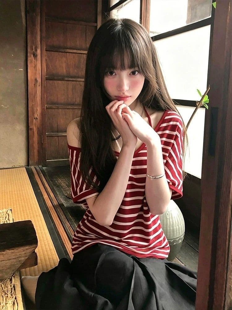 경관 그림 주간 실크 컬러 짜임 기사 와 사고 방식 스트라이프 비스듬한 어깨 반팔 여성 여름 캐미솔 투피스 세트 상세 이미지 5