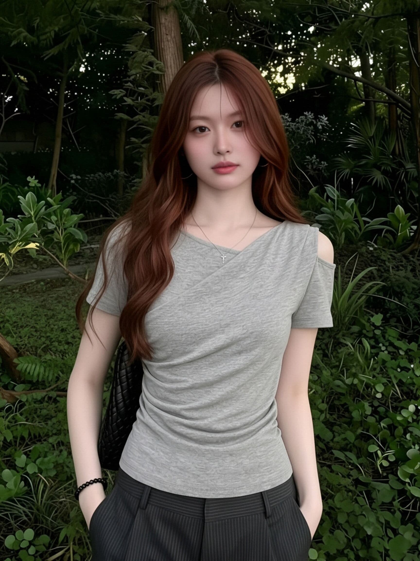 200그램 와 사고 방식 원본 이중층 것 회색 오프숄더 주름 허리 수축 반팔 티셔츠 여성 아름다운 맨위 이미지 3