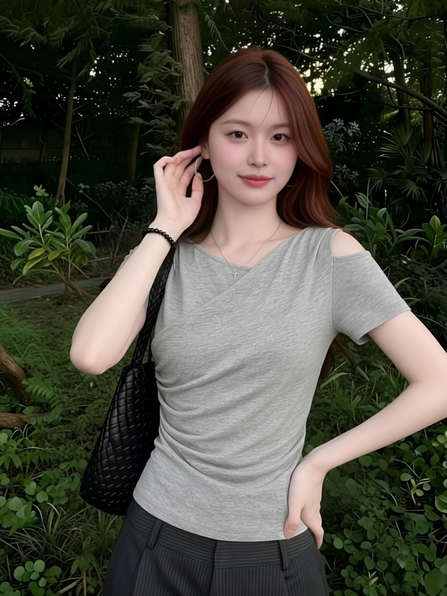 200그램 와 사고 방식 원본 이중층 것 회색 오프숄더 주름 허리 수축 반팔 티셔츠 여성 아름다운 맨위 이미지 2